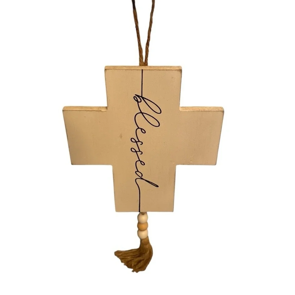 Blessed Cross Wood Art Wall Hanging Beads Tassel White Tan